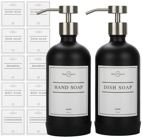 Seifenspender aus Glas mit Edelstahlpumpe, 10 wasserfesten Etiketten und Rutschfester Silikon-Schutzunterlage, 2er-Set für Badezimmer und Küche (Schwarze Flasche + Silberne Pumpe)