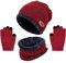 Cappello a Maglia Bambini, Inverno Berretto Sciarpa Guanti Set, Morbida Beanie Lavorato con Pompom Soffice Caldo Scaldacollo Guanto Fodera in Pile 3 Pezzi per Ragazzi Ragazze 5-8 Anni Classico Vino