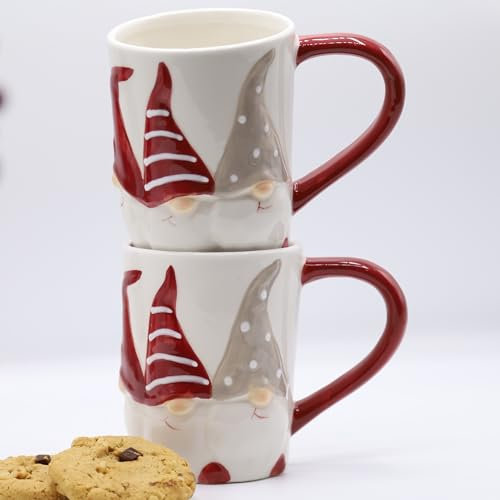 Fyne-Finds Ceramic Red & White Gonks Mug 300ml Tall Coffee Tea Cup Christmas Table Decor Xmas Gift (Set of 2)