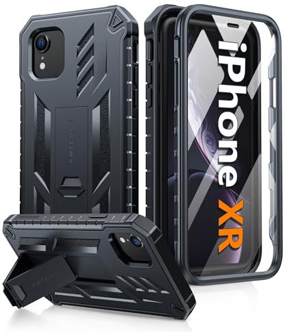 FNTCASE for iPhone XR Phone Case: Military Grade Full Protection Shockproof Hard Phonecase with Kickstand - Rugged Protective Cases Matte Textured Drop Proof Heavy Duty Cover - Black