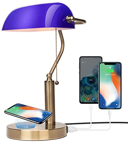 FIRVRE Blau Glas Banker Tischlampen LED klassische Retro Schreibtischlampe mit kabellosem Ladegerät USB Nachttischlampe mit ladefunktion antikes Metall Messing Zugkettenschalter