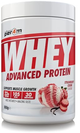 Per4m Whey Protein, Molkenprotein mit vollem Aminosäureprofil, unterstützt Muskelaufbau & Regeneration, reich an essentiellen Aminosäuren, für Sportler täglich nach dem Training – Erdbeer-Creme – 900g