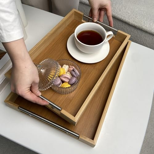 Froppi Set of 2 Bamboo Wooden Trays for Display | Serving | Trinket | Snack | for Breakfast, Coffee Tables Bamboo Tray L38.1 W25.4 H5 and L43.2 W30.5 H5 cm