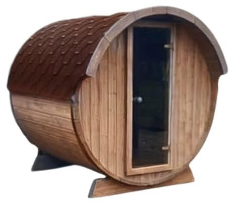 Tonneau Sauna d'extérieur en kit, chaudière électrique COMPRISE, épicéa thermo-traité, 2 à 4 personnes 2,20m x diam 1,96m / hauteur 2,15m shingle rouge