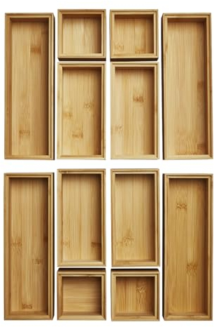 Orga-Box BAMBUS Aufbewahrungsbox 12 teiliges Set (geölt, 3 Größen 85/171/257 x 85 x 50 mm) Ordnungssystem stapelbar für Küchenschubladen Badezimmer und Arbeitszimmer