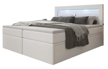 Boxspringbett Rinori 200x200 Doppelbett Polsterbett Bett mit LED-Beleuchtung, USB-Anschluss und Stauraum | Bezug: Kunstleder | Farbe: Weiß | Härtegrad: H4 (100kg+)