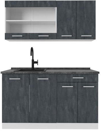Vicco Singleküche R-Line, Küchenzeile Single, Schwarz Beton/Weiß, 140 cm AP Anthrazit