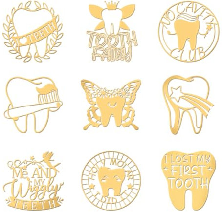 OLYCRAFT 9 Stück 4x4 cm Goldene Metallaufkleber Zähne Metallaufkleber Selbstklebende Zahnfee-Aufkleber Tägliches Thema Goldene Epoxidaufkleber Für DIY-Sammelalben Epoxidharz Telefondekoration