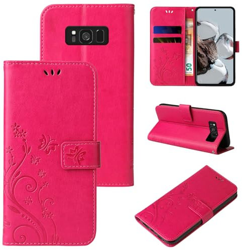 LBH Handy Hülle für Samsung Galaxy S8 Case Handytasche Schmetterling Blumen Flower Standfunktion Schutzhülle Magnet Rundum Schutz 360 Grad Flipcase Cover Pink