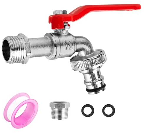 XCRPRT Grifo universal de jardín de 1/2 pulgadas y 3/4 pulgadas, a prueba de heladas, con 2 conexiones de manguera gratis + 1 cinta de sellado para grifo de jardín, grifo de agua de lluvia (rojo)