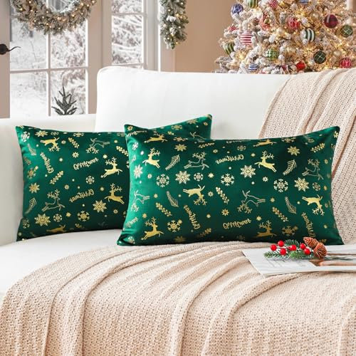 Ohok Weihnachten Gold Heißpräge Samt Kissenbezug, 2er Set Dekorativ Kissenhülle Deko Sofakissen Couchkissen Zierkissenbezüge für Sofa Wohnzimmer Schlafzimmer (Dunkelgrün Hirsch, 30x50 cm)
