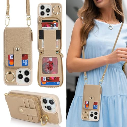 SailorTech per iPhone 15 Pro Max Custodia per telefono Supporto ad anello con portacarte per donne, iPhone 15 Pro Max Custodia a tracolla Portafoglio con cerniera per carta di credito-Beige