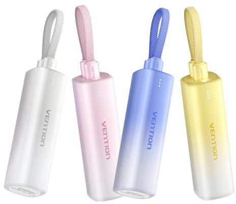 VENTION Mini Power Bank 5000 mAh con cavo USB C & Lightning PD 20 W Colorato Power Bank Piccola Ricarica Rapida con Display LED, Compatibile con iPhone 16 15 14 13, iPad, Galaxy S25/S24, MacBook,