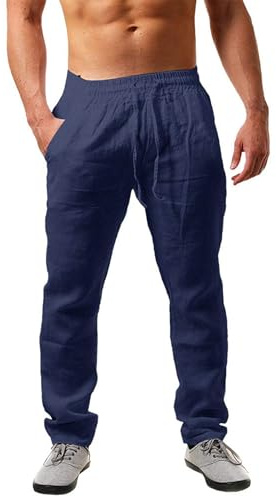 NEMXCE Leinenhose Herren Lang Leichte Sommerhose Herren Loose Fit Freizeithose mit Taschen Kordelzug für Urlaub Strand Yoga Alltag