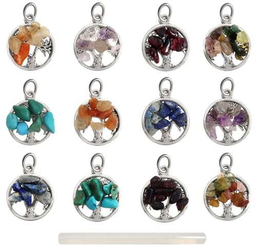 Toaob - 12 colgantes del árbol de la vida de 15 mm con piedras naturales, colgantes de la suerte de colores, colgantes para collares, joyas, bomboneras y llaveros, Piedras naturales y aleación