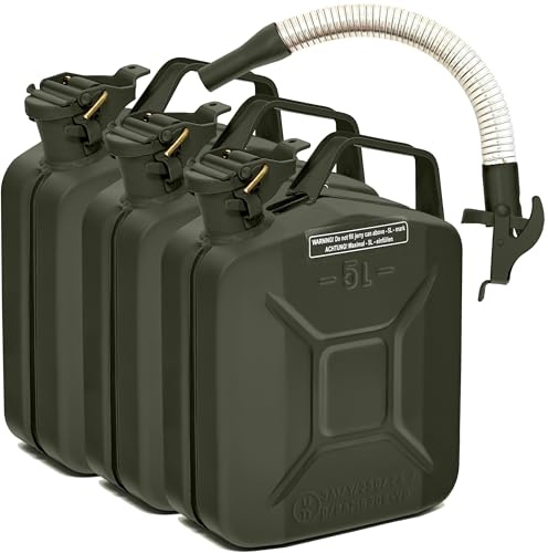 BW® Benzinkanister Metall 3x 5 Liter mit Ausgießer - Kraftstoffkanister Bronzegrün - RAL 6031-F9 - TÜV-geprüft und UN-Zulassung - 0,8mm Stahl nach DIN 7274 - Made in Europe