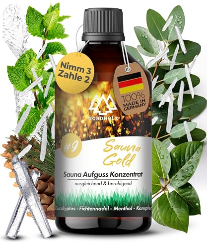 NORDHOLZ® Saunaaufguss 250ml [60 Sorten] Sauna Aufgussmittel Konzentrat | Sauna Duft · #9 Sauna Gold · Menthol, Eukalyptus & Fichte · klar & würzig · Mit ätherischen Ölen · Made in Bayern