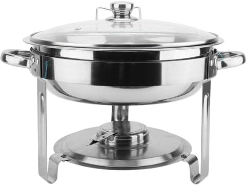 Scaldavivande Rotondo, Eleganti Scaldavivande in Argento e Set Scalda Buffet con Coperchio in Vetro Fornello Ad Alcool per Cena, Catering e Feste (4, 5 litri con appendiabiti)