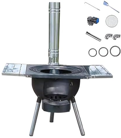 Zelt Herd Holzofen, Holzofen for den Außenbereich, tragbarer Herd mit Klappplatte und Kaminrohr, abnehmbare Beine for Kochen, Camping, Zelten, Angeln(63 * 63 * 60cm)