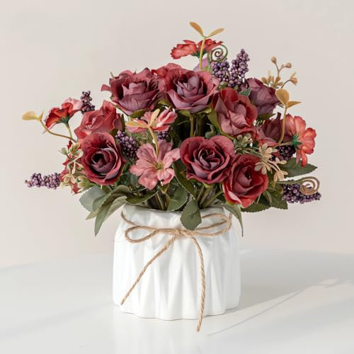 AUSHOPLAH Kunstblumen, Kunstblumen Wie Echt, KüNstliche Blumen In Vase, Desktop Kleine BlumentöPfe, Hochzeit Deko Blumen E18 (Rot)