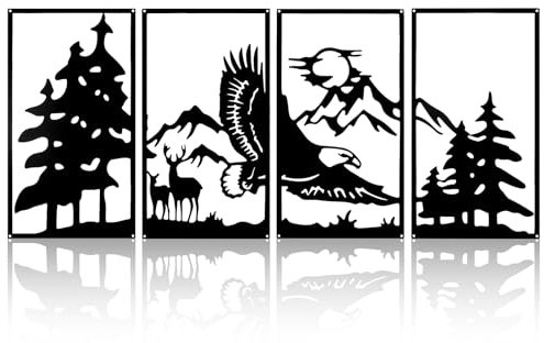 YunBey Metall Wanddekoration Set, 4 Platten Wald Berg Adler Hirsch Silhouette, 111×43cm Rustikale Outdoor- & Indoor-Dekoration für Wohnzimmer, Garten, Hütte, Home Einrichtung (Schwarz)