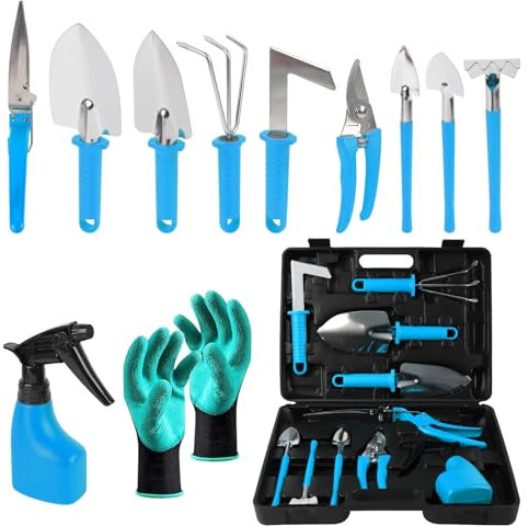 Gartengeräte-Set, 11 Stück Gartengeräte mit Tragetasche, Gartengeräte-Set zum Graben, Pflanzen, Schneiden, einzigartiges Gartengeräte-Set mit Handschuhen für Frauen und Männer (Blue)