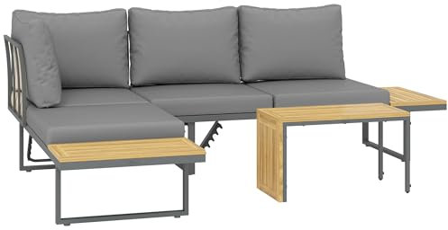 Outsunny Terrassenmöbel Möbelset für den Außenbereich, Eckmöbel, 6-Sitzer, modular, aus Akazienholz, mit Sofas und Couchtisch, verstellbare Rückenlehne und Kissen, Liegestühle für Garten, grau