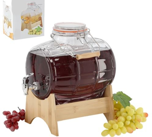Fässchen mit Holzständer Weinfass Fass Mit Hahn Schnapsfass Whiskyfass Karaffe Getränkespender aus Glas Spender mit Holzuntersatz, Alkoholspender Glasfass mit Zapfhahn (8L)