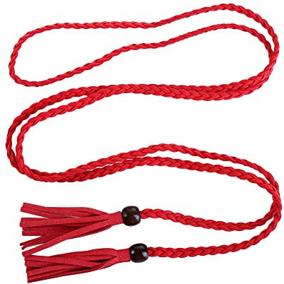 Braided Tassel Thin Belt, Women Waist Chain, Waist Rope DIY Dress Waistbands Bohemian Wooden Bead Ethnic Style Decorative Belts(red)