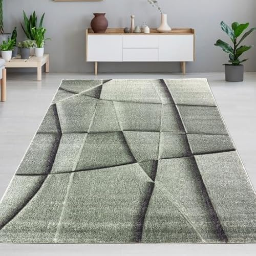 CARPETIA Teppich Wohnzimmer Schlafzimmer grün geometrisch weich modern pflegeleicht langlebig Konturenschnitt 3D-Effekt 140 x 200 cm