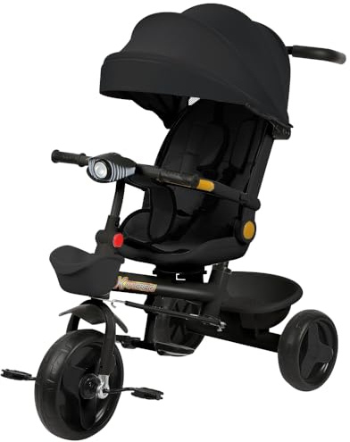 Baby-Dreirad mit Elterngriff, faltbar, skalierbares Babyfahrrad, kompakt, praktisches Zubehör, Teleskopgriff, ausziehbares Verdeck und großer Aufbewahrungskorb, Mädchen und Jungen (schwarz)