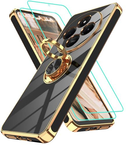 Gritup Schlanke Passform-Hülle für Xiaomi Redmi 14C, stoßfeste weiche Abdeckung mit 2 Stück HD-Bildschirmschutz und eingebaute Ring Kickstand Handyhülle, Schwarz-14C