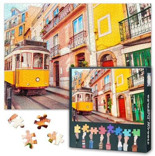 Erwachsene Puzzles 1000 Blöcke, Gelb Retro Straßenbahn Puzzle, Portugal Lissabon Erwachsene Puzzles, Puzzle-Spiele oder Spielzeug, geeignet für ältere Freunde 50x70 cm