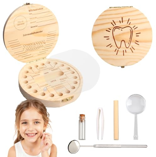 Zahndose Milchzähne Jungen & Mädchen, Milchzahndose aus Holz mit Lupe | Zahnfee Geschenke, Zahnbox Set, Milchzahnbox, Die Zahnrettungsbox für den Wackelzahn(A-rund - Zahnfee)