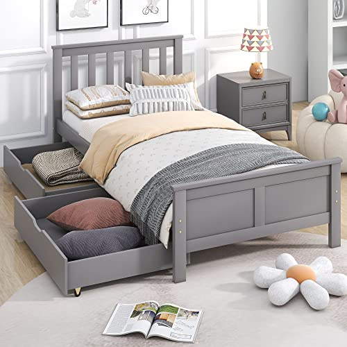 Merax Wooden Single Bed Frame with Drawers 3ft (190x90cm), Solid Pine Storage Bed for Adults, Kids, Teenagers, Grey Bed Frame with Underbed Storage, Slatted Base – No Mattress