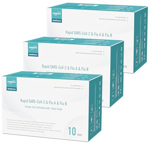 EUROPAPA 30x Corona Laientest Schnelltest und Grippe Test auf Covid-19 und Influenza A/B, Antigentest Selbsttest SARS-CoV-2 Flu A Flu B 3in1 Combo Rapid Test Cassette, für Zuhause, Einzelverpackt