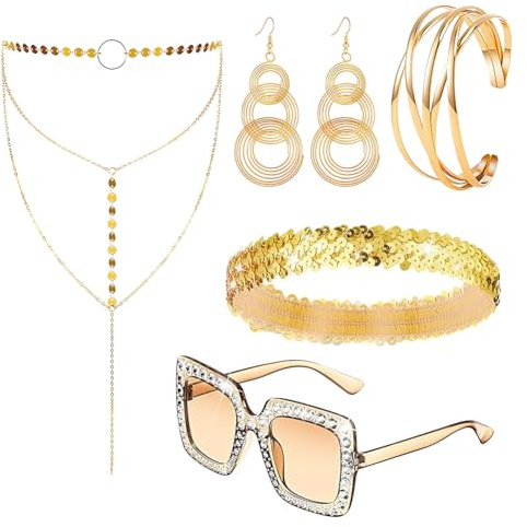 OPVXZAD 70er Jahre Disco Zubehör,Abba Accessoires Damen it Halskette Ohrringen dickem Rahmen Sonnenbrille Armband und Stirnband,Disco Accessoires für Damen Jahre Glitzer Disco Kostüm (Gold)