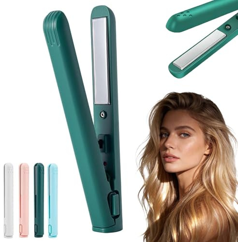 2 in 1 Mini Curling Iron, Mini Curling Tongs for Short Hair, Wireless Curling Iron 2 in 1 Straightener Curler, USB Plug-in Small Hair Straightener, Heats Up Fast,for All Hair Types (Green)