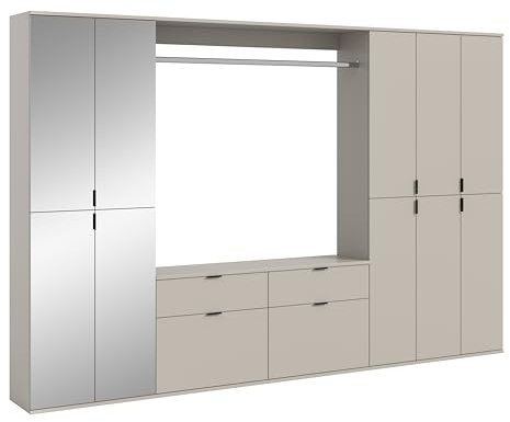 xonox.home – 4 TLG. Garderobenkombination Projekt X 273x193x34 cm in Kaschmir Melamin – Komplett-Set mit Spiegelschrank, Kommode, Wandboard & 2 Hochschränken – Maximale Stauraumkapazität für den Flur
