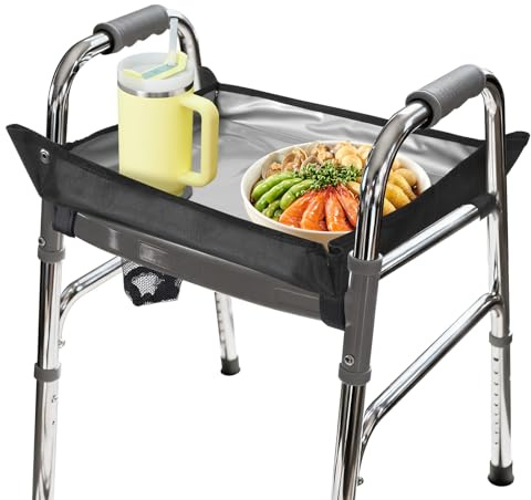 Folding Walker Tray with Cup Holder, Adult Mobility Accessory Fit Standard Folding Walker Table for Senior Non Slip Mat for Food Removable Easy Assembly(Black)