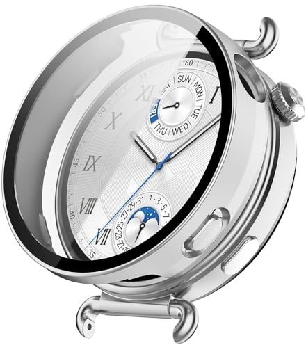 Techsuit für Huawei Watch GT 6 41mm Hülle und Displayschutz mit Gehärtetem Glas, HD Klarheit, Volle Abdeckung, Kratzschutz, Schlankes Design, Defense360 Pro, Silber