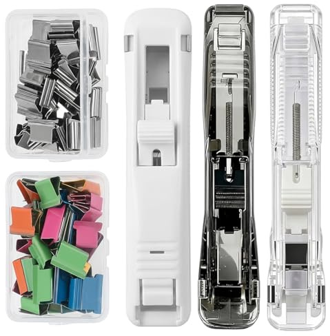 Klammerloser Tacker Set, 3 Stück ohne Klammern plus 100 wiederverwendbare Clips, Ideal für Dokumentenbindung im Büro, Schule und unterwegs, Praktische Lösung für nachhaltiges Arbeiten