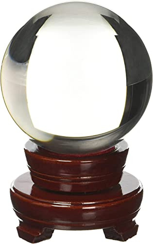 Amlong Crystal Clear Wood Meditation Divnation Sphere Feng Shui Crystal, Lensball, Decorative Ball with Wooden Stand and Gift Box, 110mm