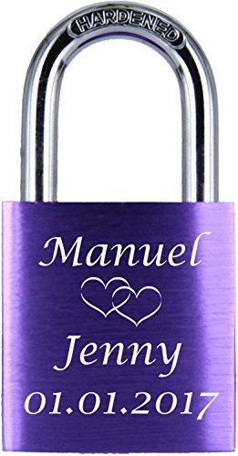 ♥ LoveGoals Liebesschloss mit Gravur | persönliches Geschenk für Paare & Verliebte | hochwertige Geschenkbox | Schloss mit 2 Schlüsseln | Oberfläche eloxiert | Motiv M005 | (Violett)