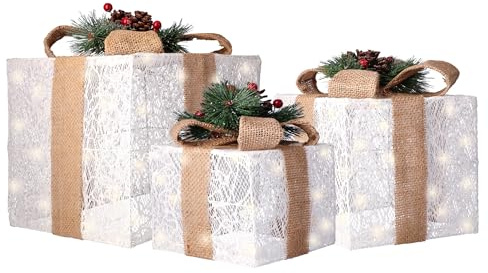 Netagon Set of 3 Indoor Home Under Tree Decorations Light Up Illuminated LED Gift Boxes Box Set with Bow Detail (White with Neutral Beige Rustic Ribbon)