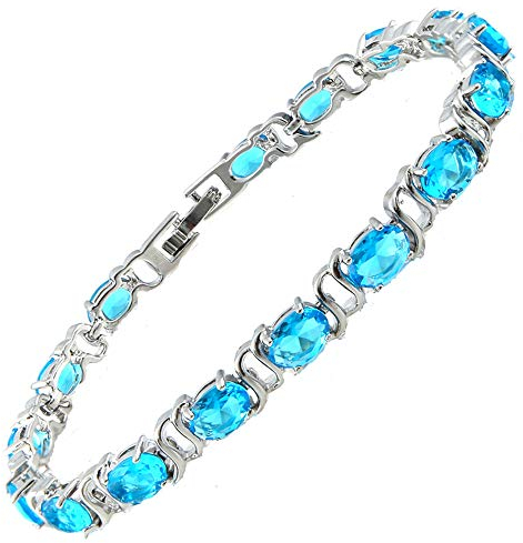 RIVA Tennis Armband [18cm/7inch] mit Ovalschliff Edelstein Zirkonia CZ [Aquamarin] in 18K Weißgold Vergoldet, Einfache Moderne Eleganz