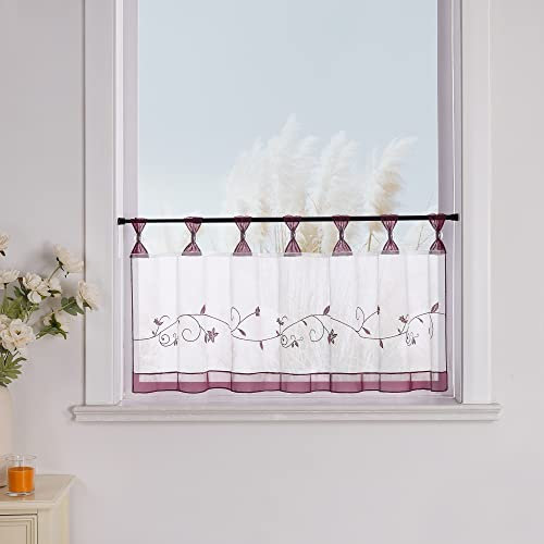 Yujiao Mao 1er Pack Stickblume Schlaufen Scheibengardine kleine Kaffee Vorhang Terri Garn Raffrollo, HxB 60x120cm, Beere