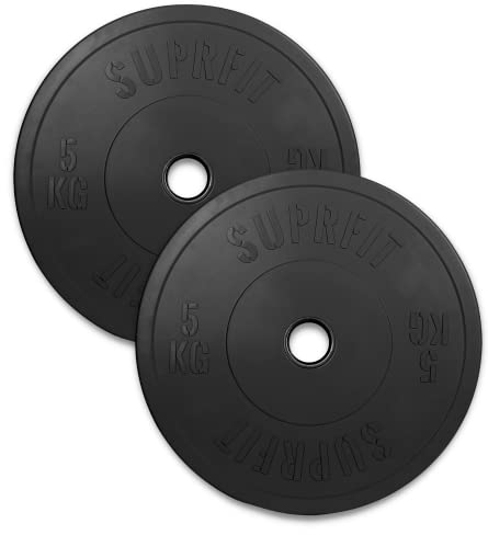 SUPRFIT - Hantelscheiben gummiert 2x5 kg - Premium Fitness Bumper Plates in Schwarz - Stoßabsorbierende Gewichtsscheiben aus Vollgummigranulat - 10 kg Hantelscheiben Ø 50 mm für Langhantel Training