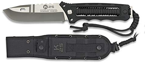 Cuchillo K25 encordado Negro Tit Hoja 11 para Caza, Pesca, Camping, Outdoor, Supervivencia y Bushcraft K25 32165 + Portabotellas de regalo