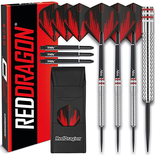 Raider 1: 23 Gramm Wolframpfeil-Set mit Stahlspitze - Professionelle Dartpfeile mit Schäften (Stielen), Flügen und Checkout-Karte - Wahl der Farbe verfügbar
